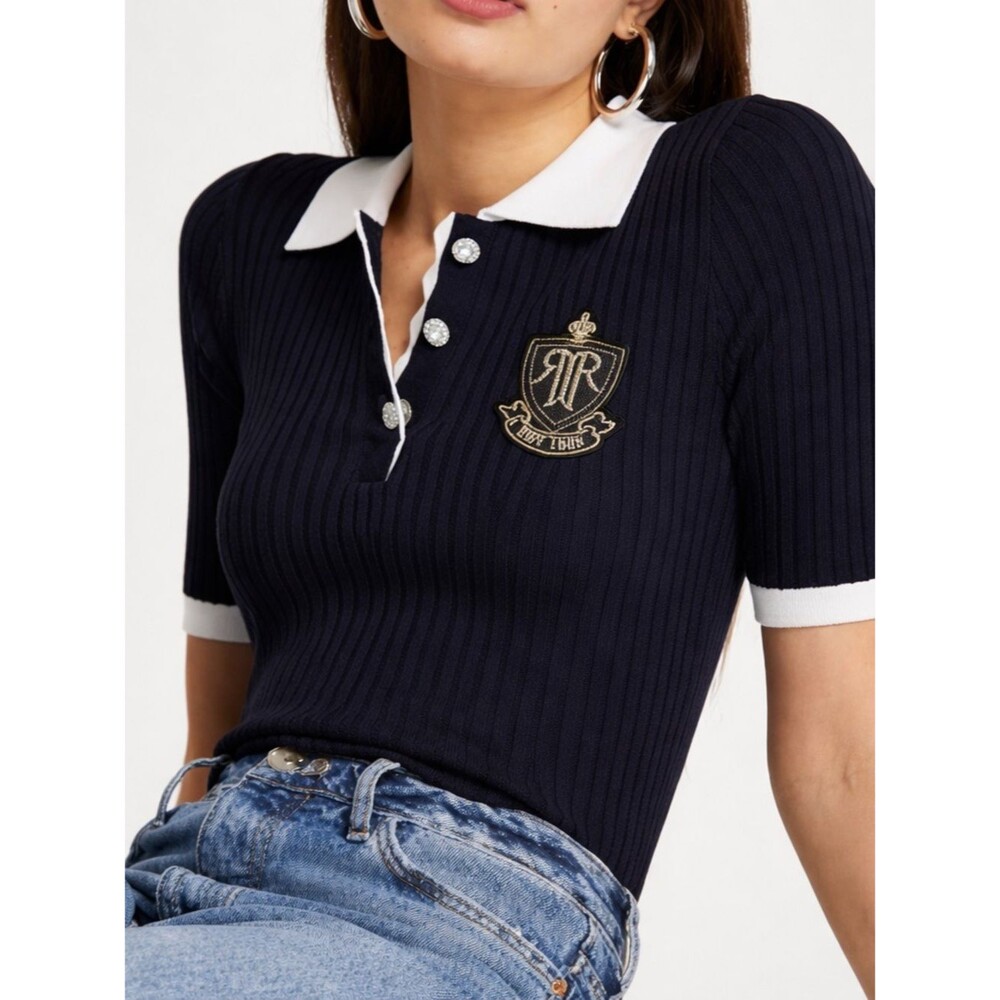 River Island Navy Rib Knit Crest Polo Top Rhinestone Buttons Preppy Top US 4